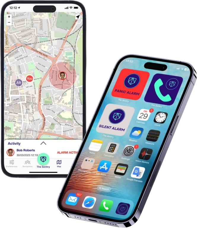 The Sentry app on smartphones showing live tracking and panic alarm